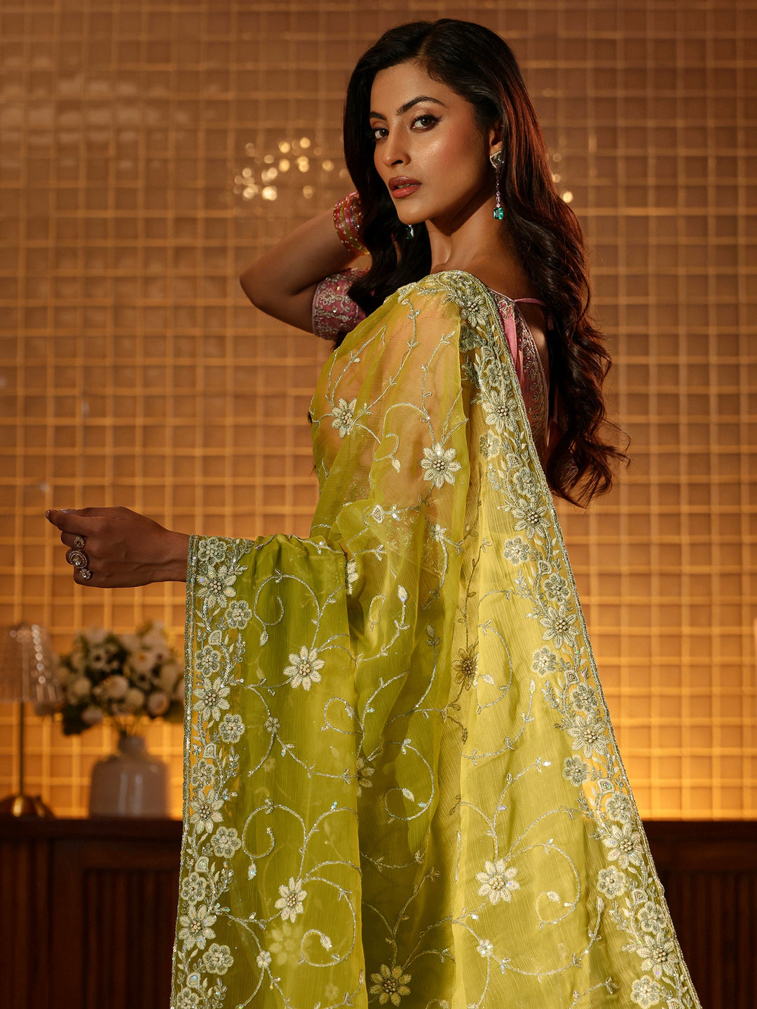  Green Floral Embroidered Chiffon Saree 