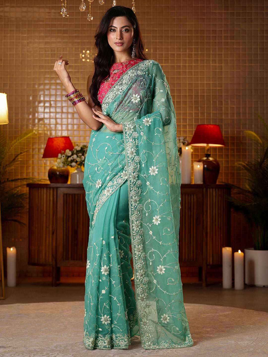  Libas Blue Floral Embroidered Chiffon Saree 