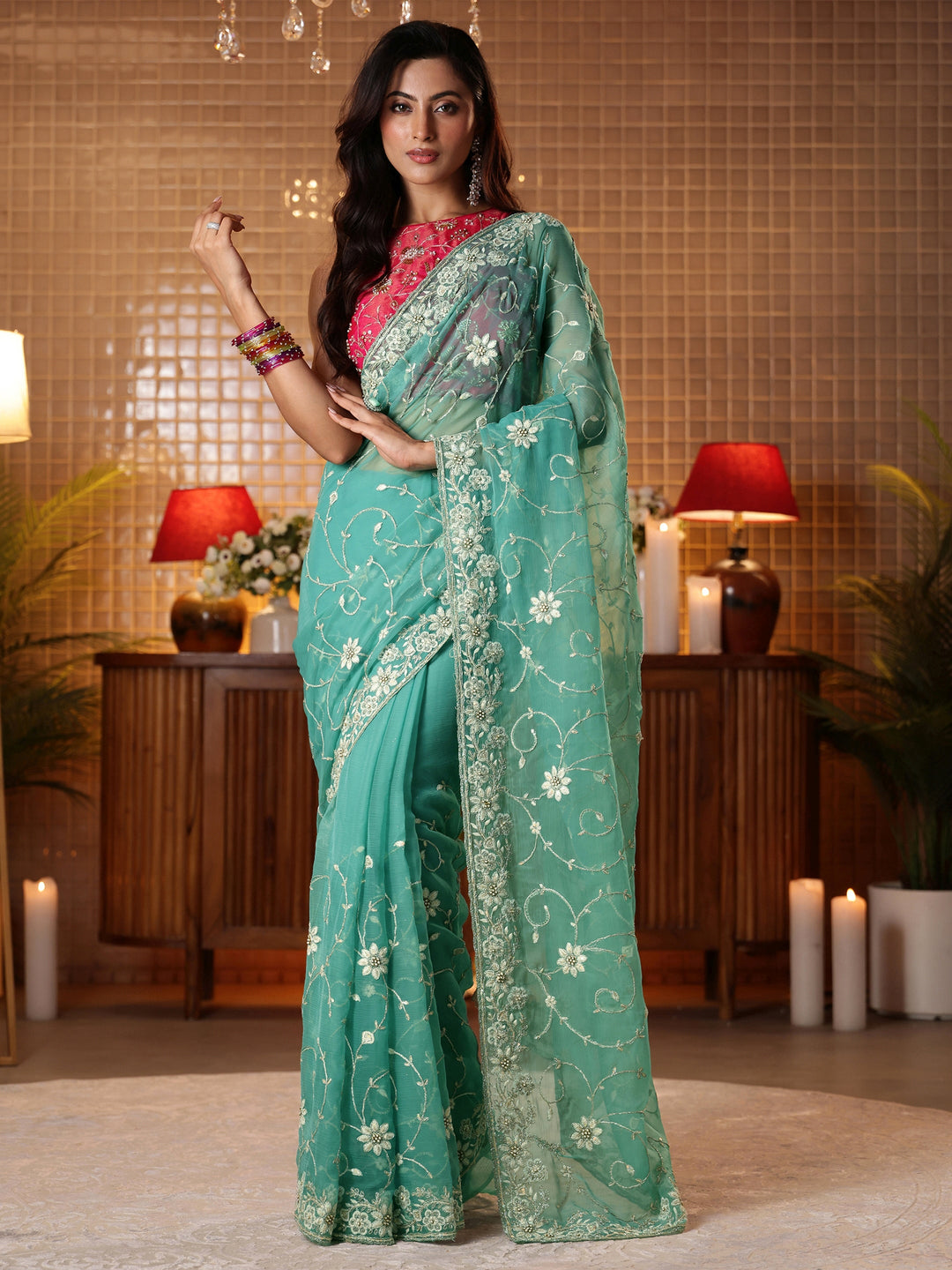  Blue Floral Embroidered Chiffon Saree 