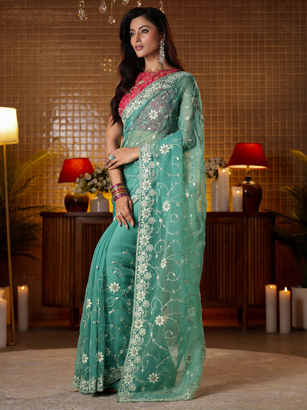  Libas Blue Floral Embroidered Chiffon Saree 
