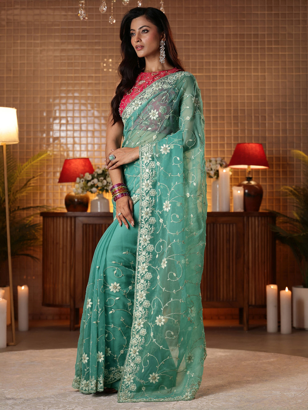  Blue Floral Embroidered Chiffon Saree 