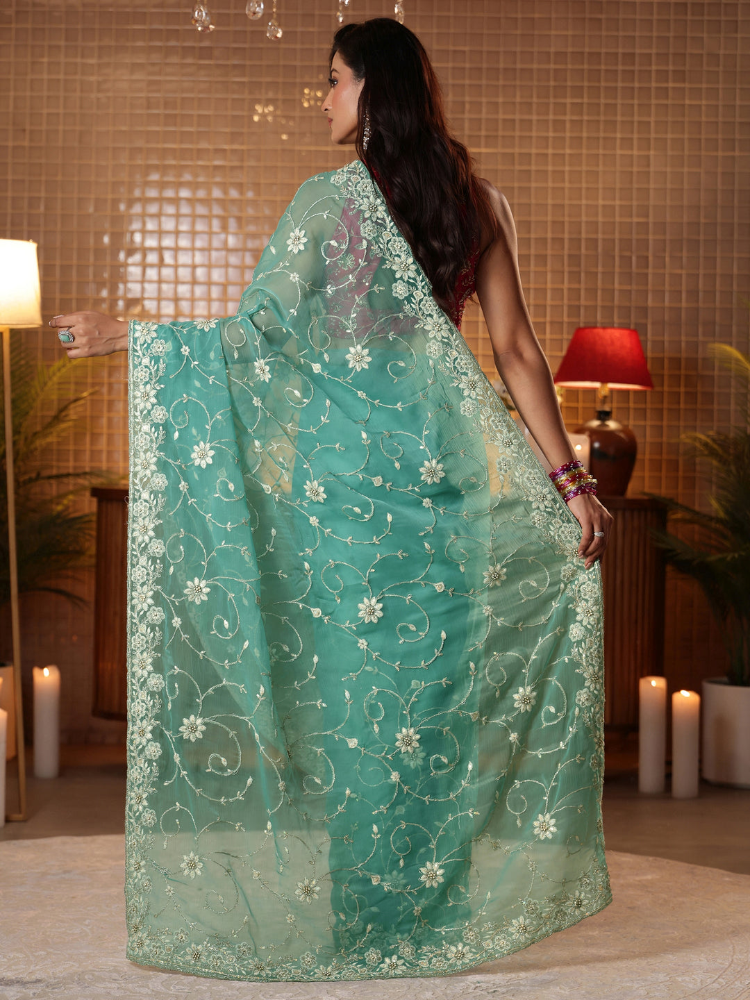 Blue Floral Embroidered Chiffon Saree 