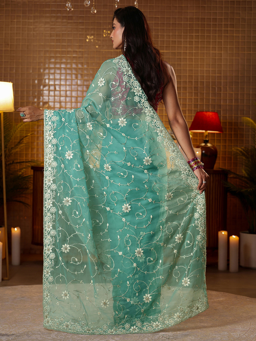  Libas Blue Floral Embroidered Chiffon Saree 