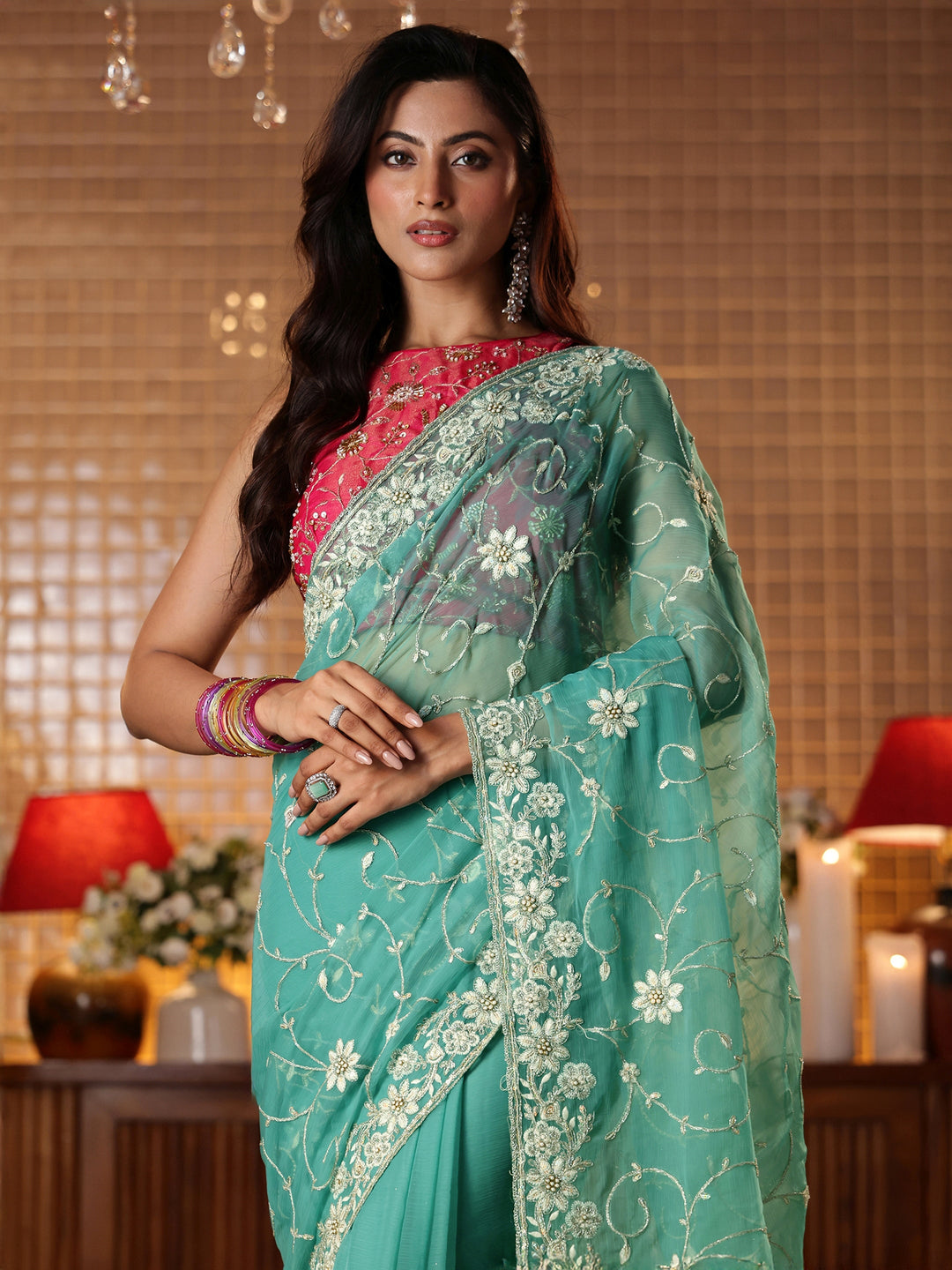  Blue Floral Embroidered Chiffon Saree 