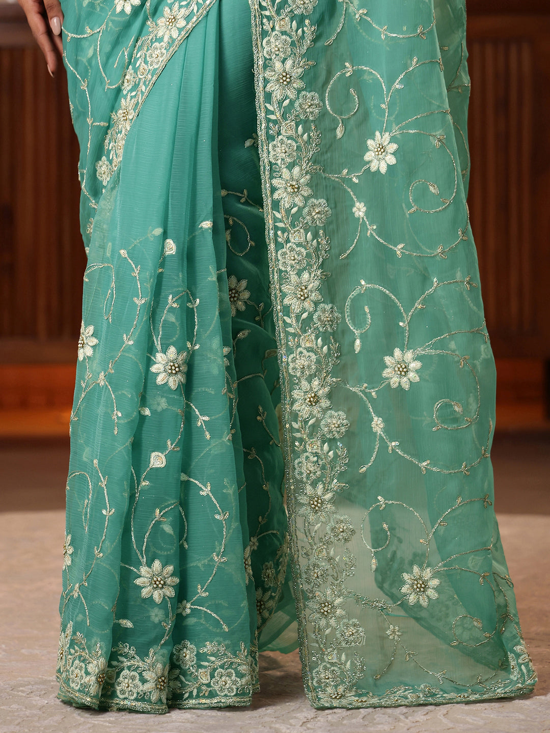  Blue Floral Embroidered Chiffon Saree 