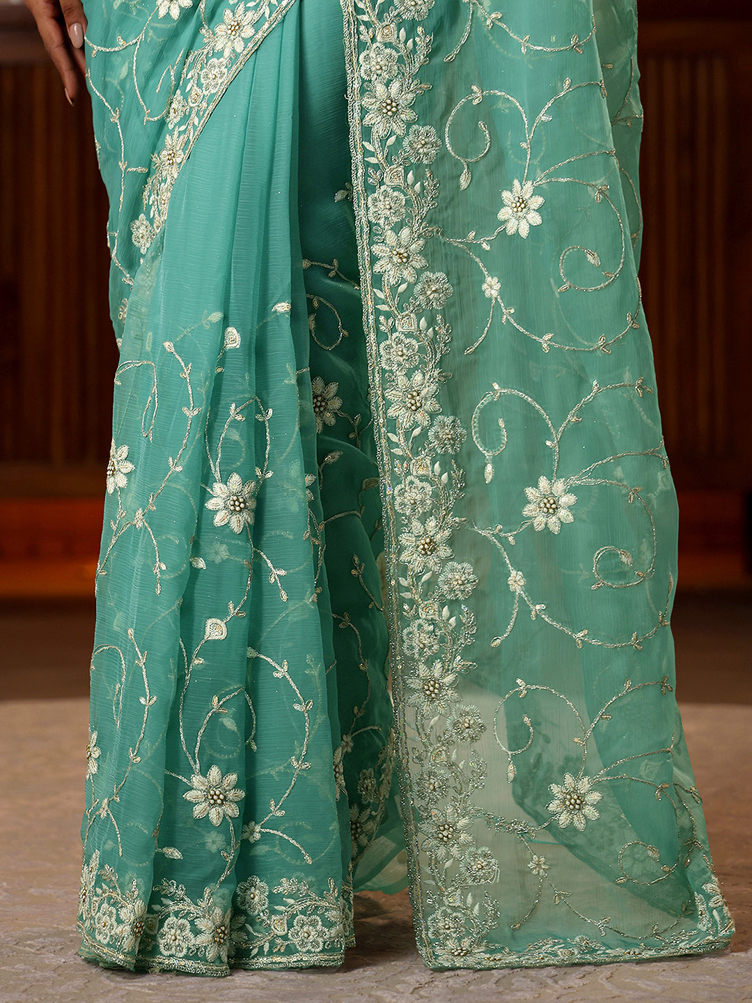  Libas Blue Floral Embroidered Chiffon Saree 