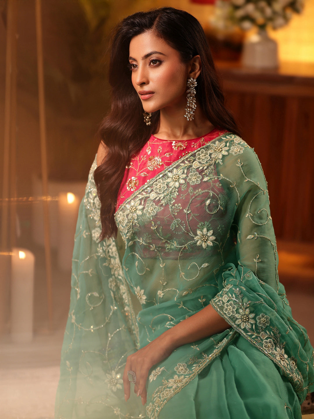  Blue Floral Embroidered Chiffon Saree 