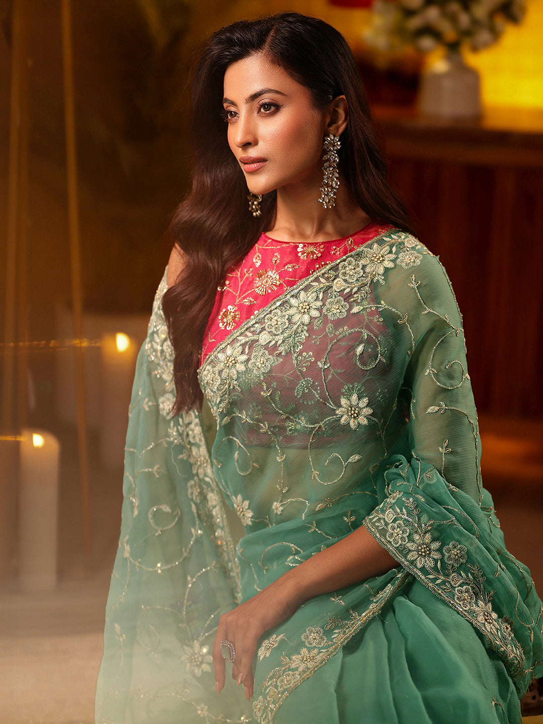  Libas Blue Floral Embroidered Chiffon Saree 