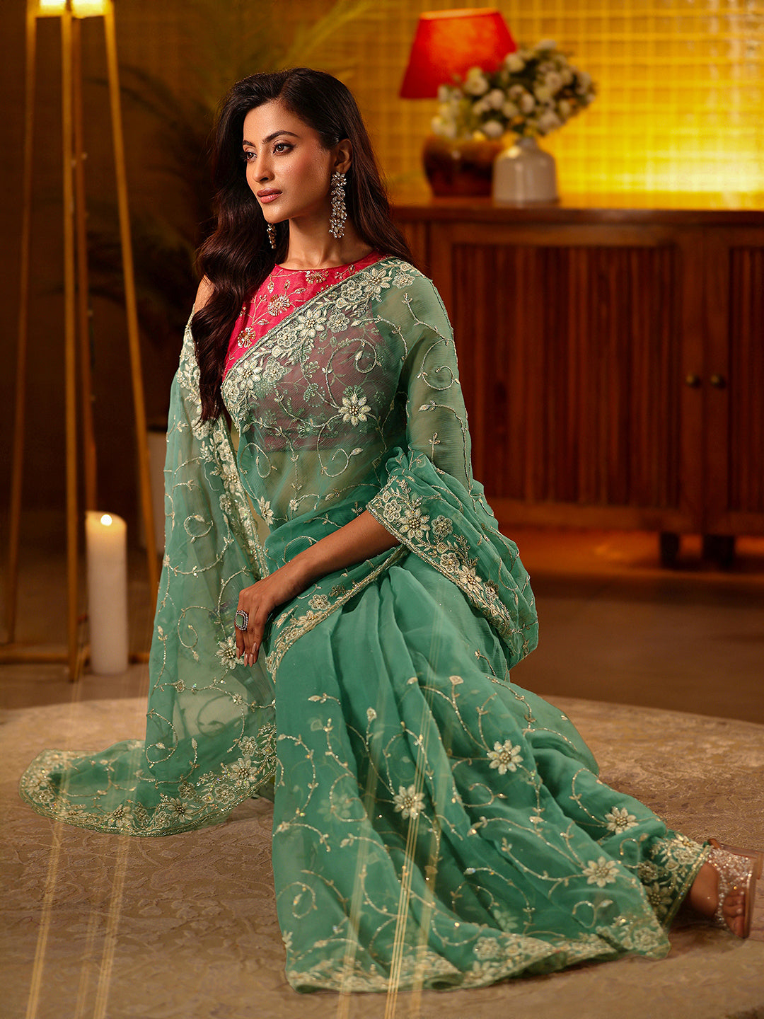 Libas Blue Floral Embroidered Chiffon Saree