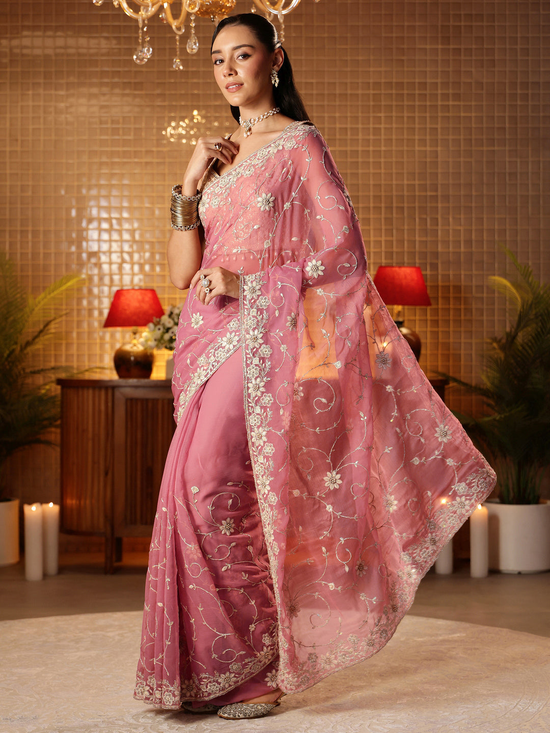  Pink Floral Embroidered Chiffon Saree 