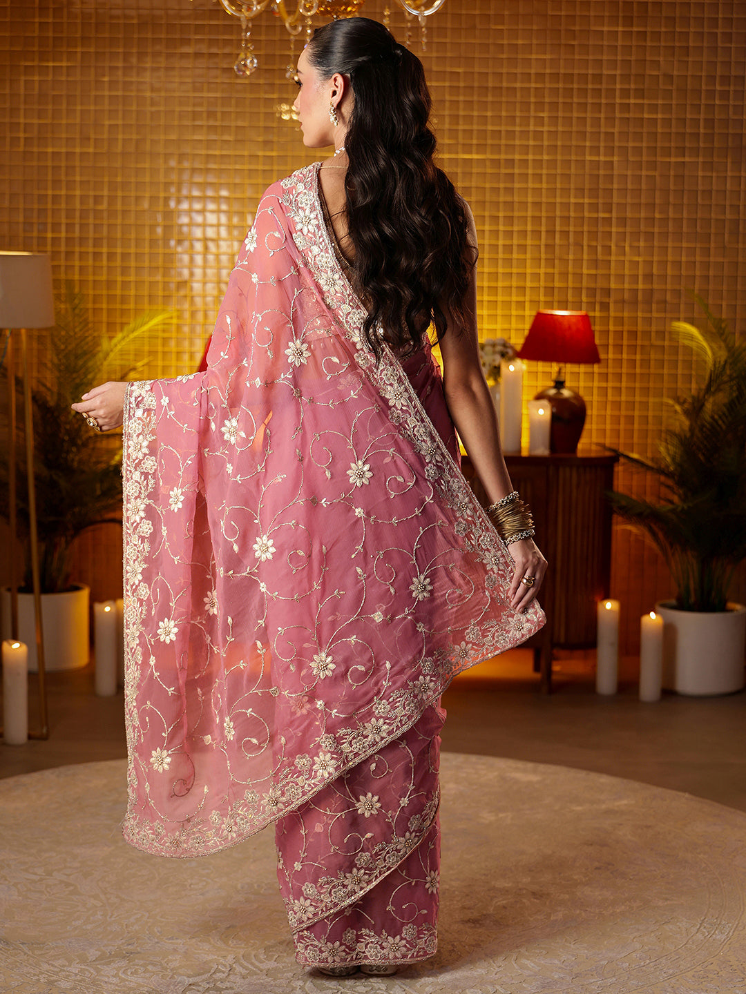  Libas Pink Floral Embroidered Chiffon Saree 