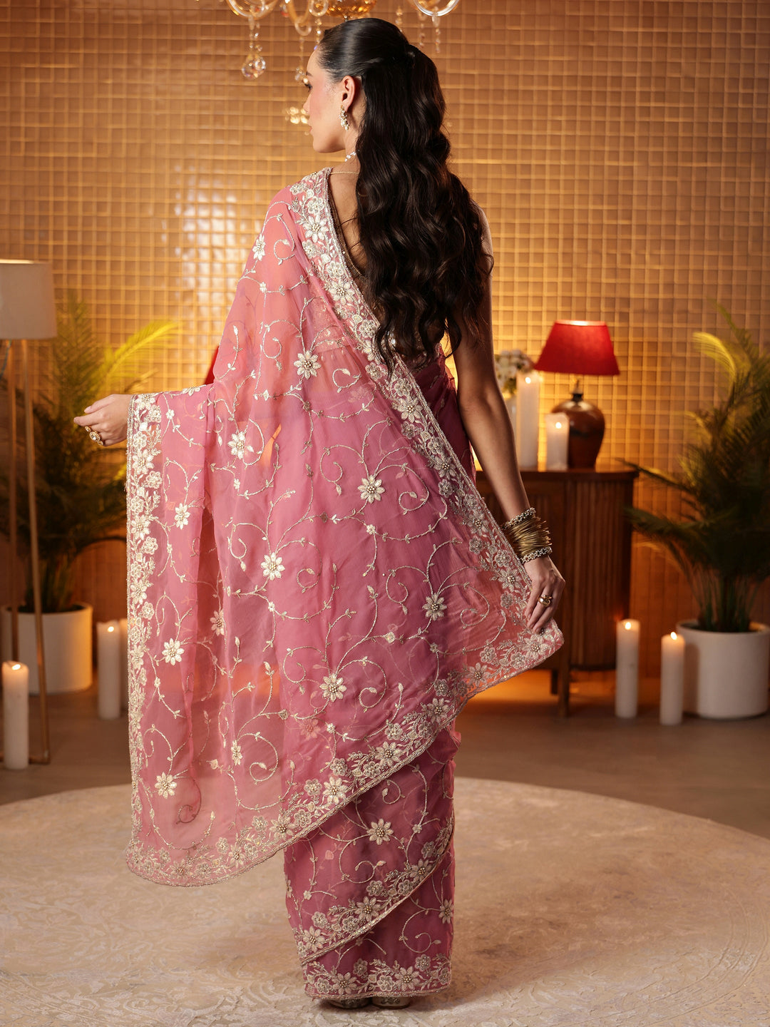  Pink Floral Embroidered Chiffon Saree 