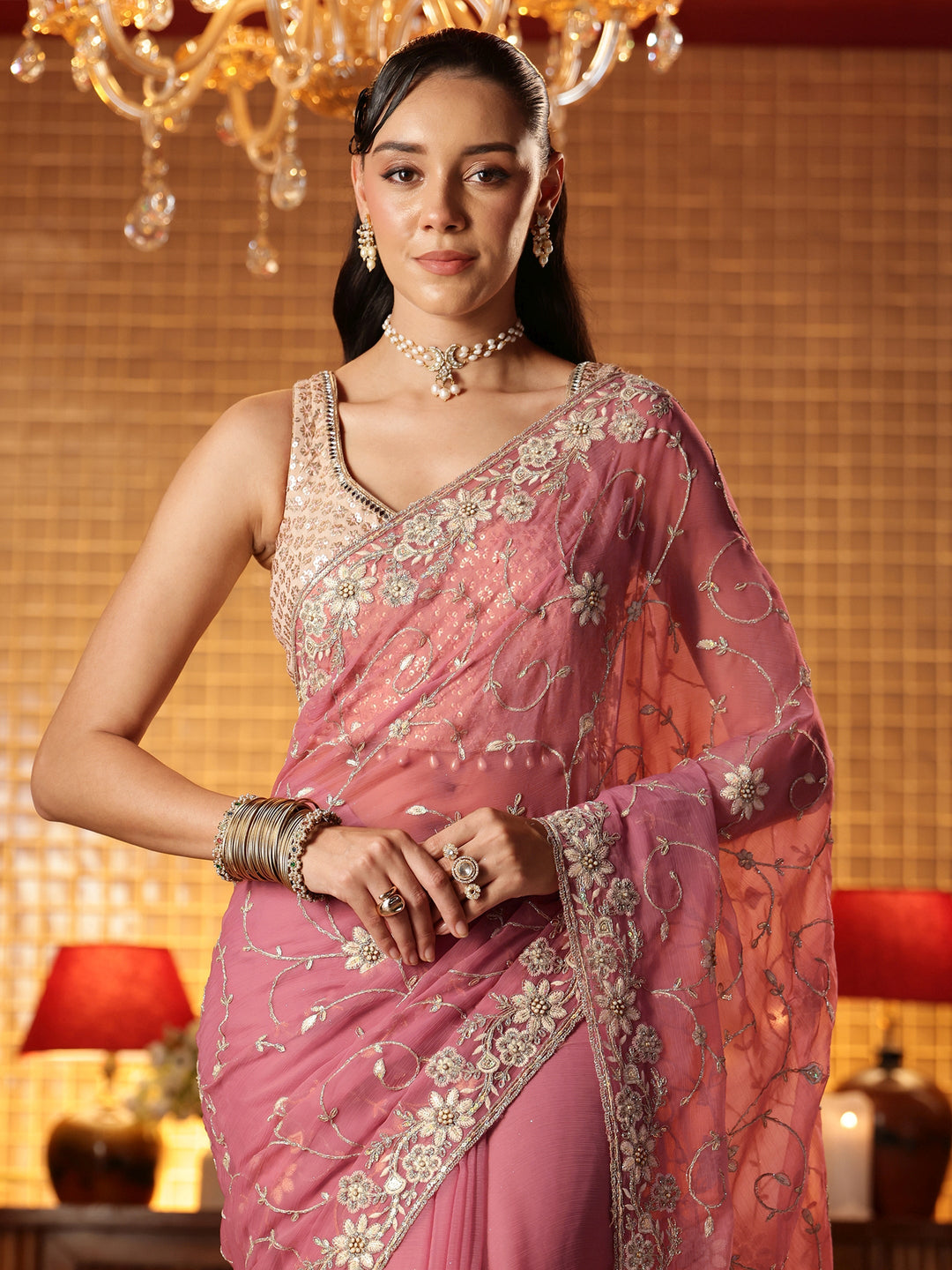  Pink Floral Embroidered Chiffon Saree 