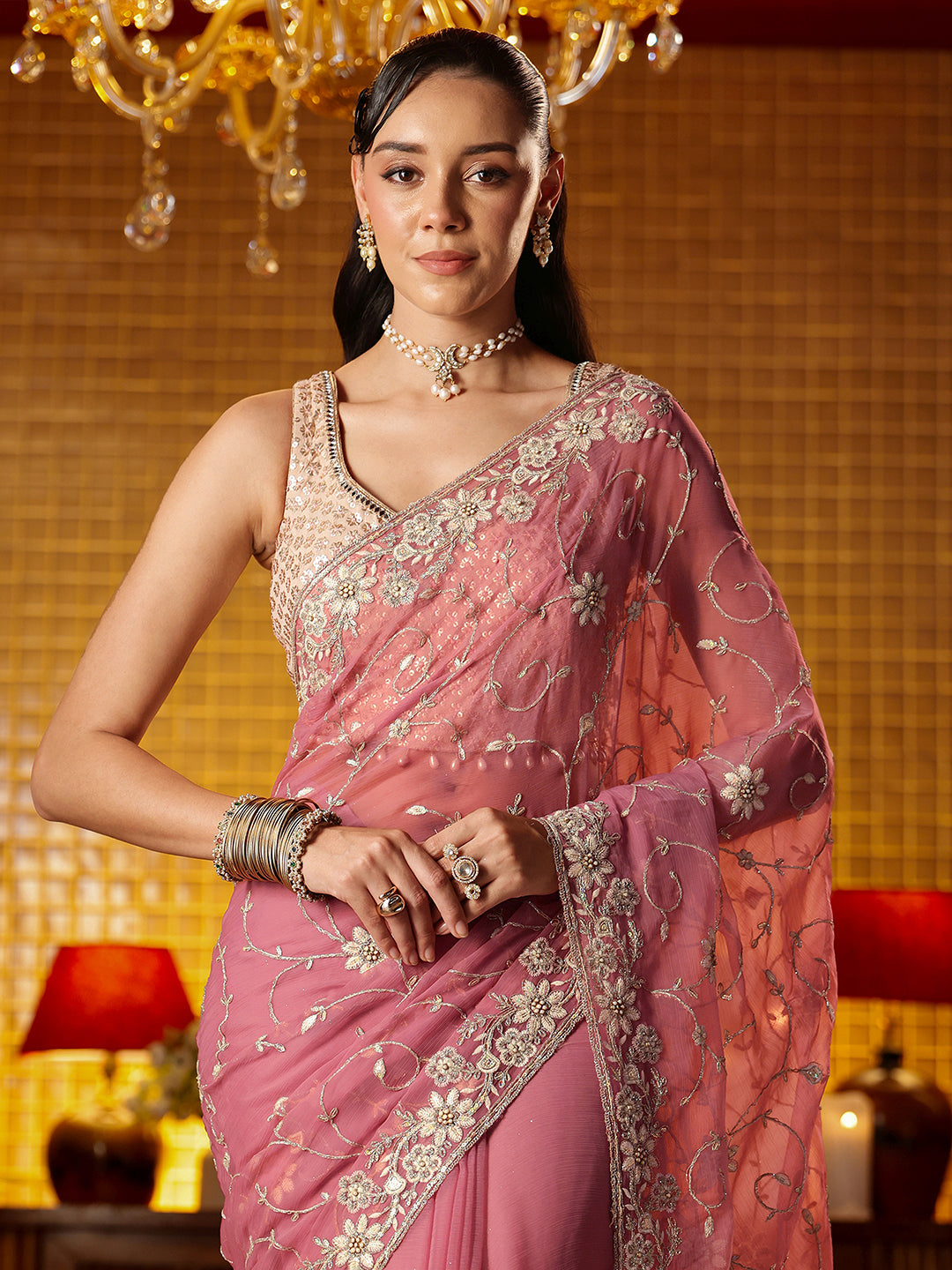  Libas Pink Floral Embroidered Chiffon Saree 