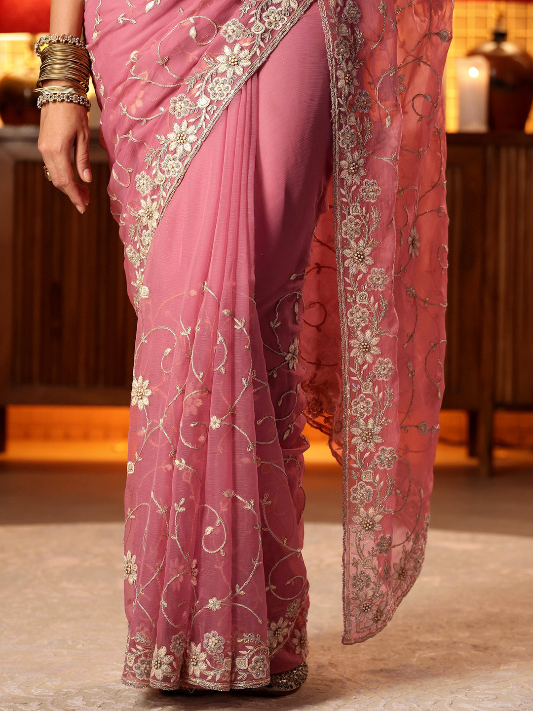  Pink Floral Embroidered Chiffon Saree 