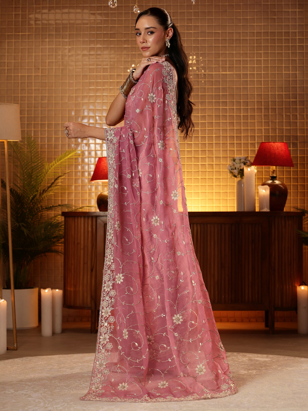  Pink Floral Embroidered Chiffon Saree 