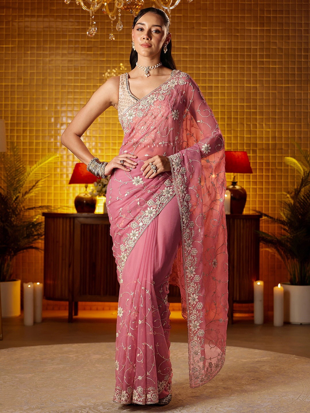 Libas Pink Floral Embroidered Chiffon Saree 