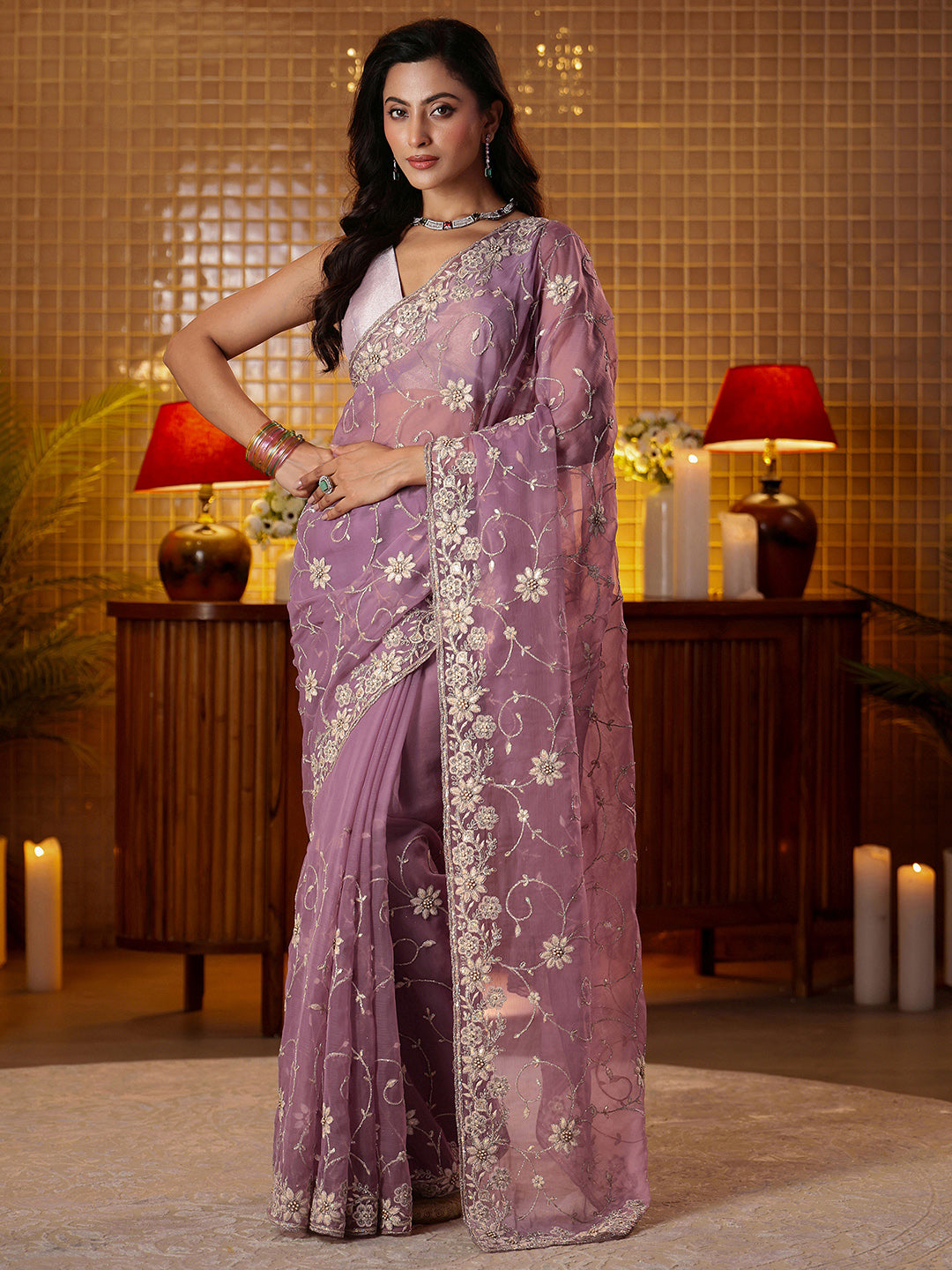  Libas Lavender Floral Embroidered Chiffon Saree 