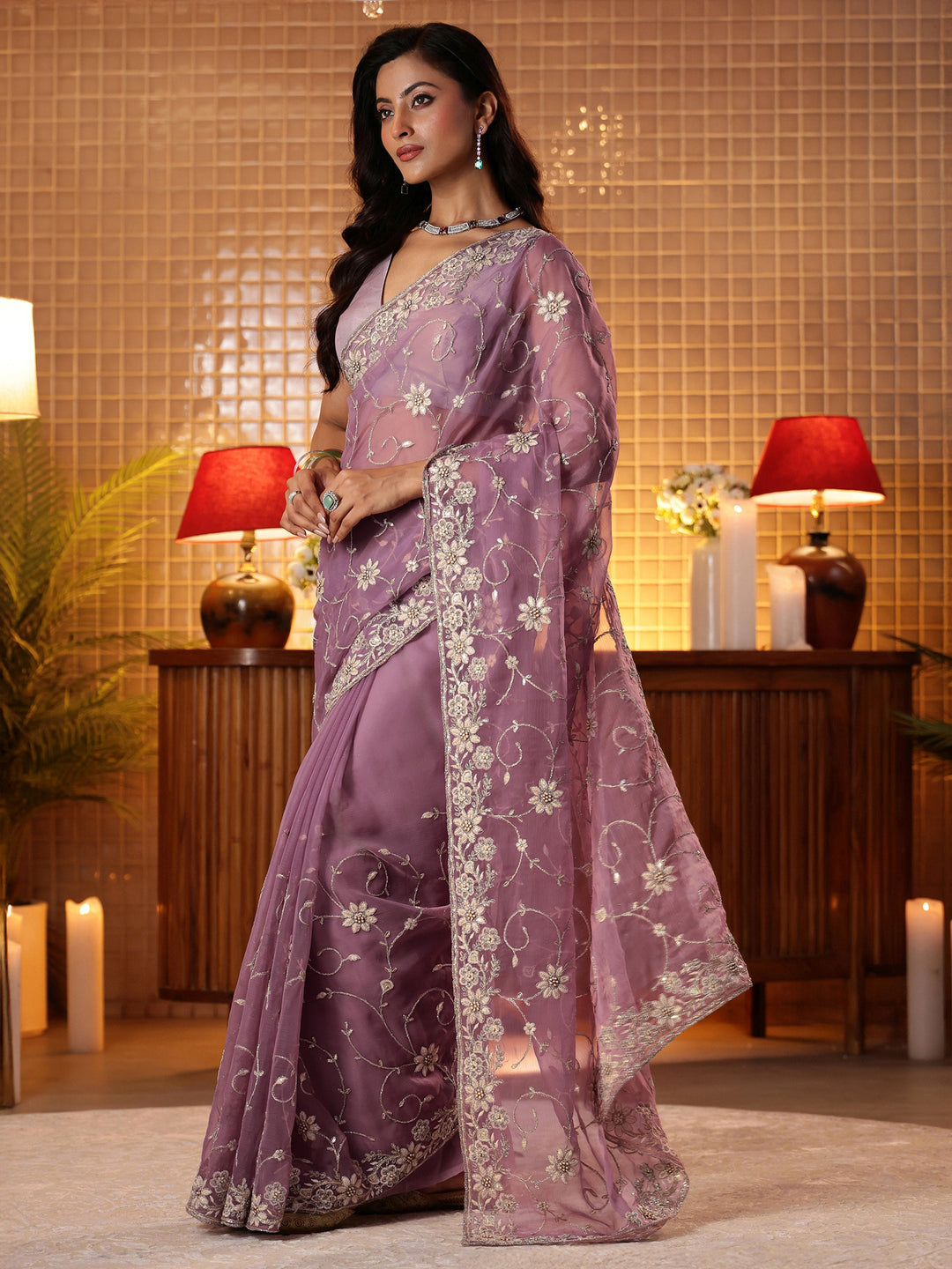  Lavender Floral Embroidered Chiffon Saree 