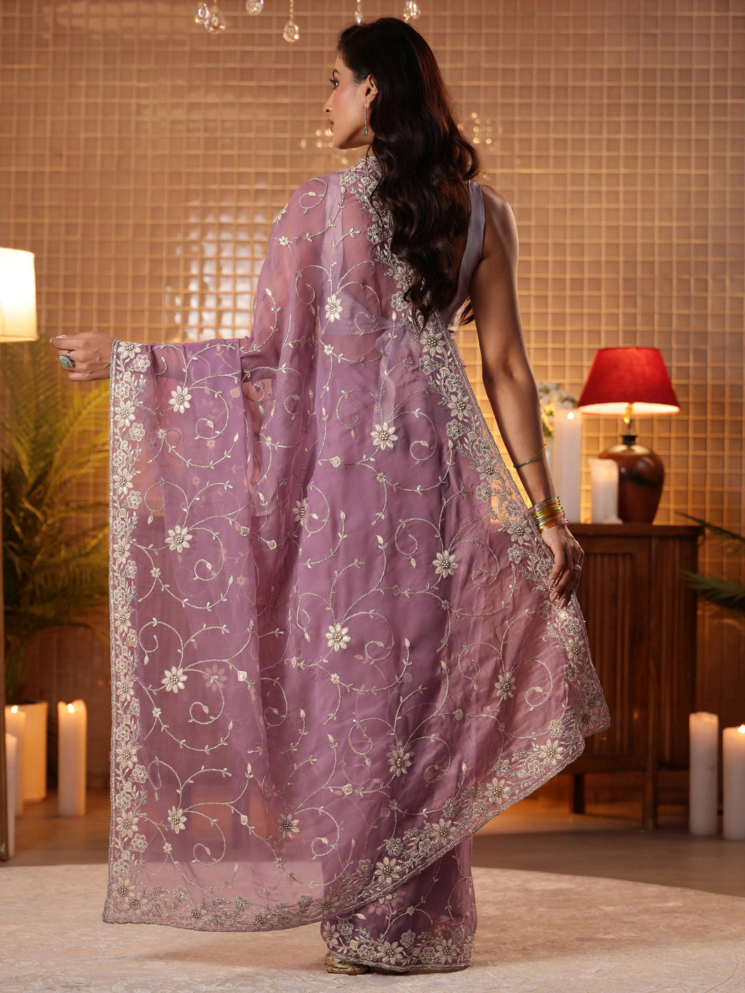  Lavender Floral Embroidered Chiffon Saree 