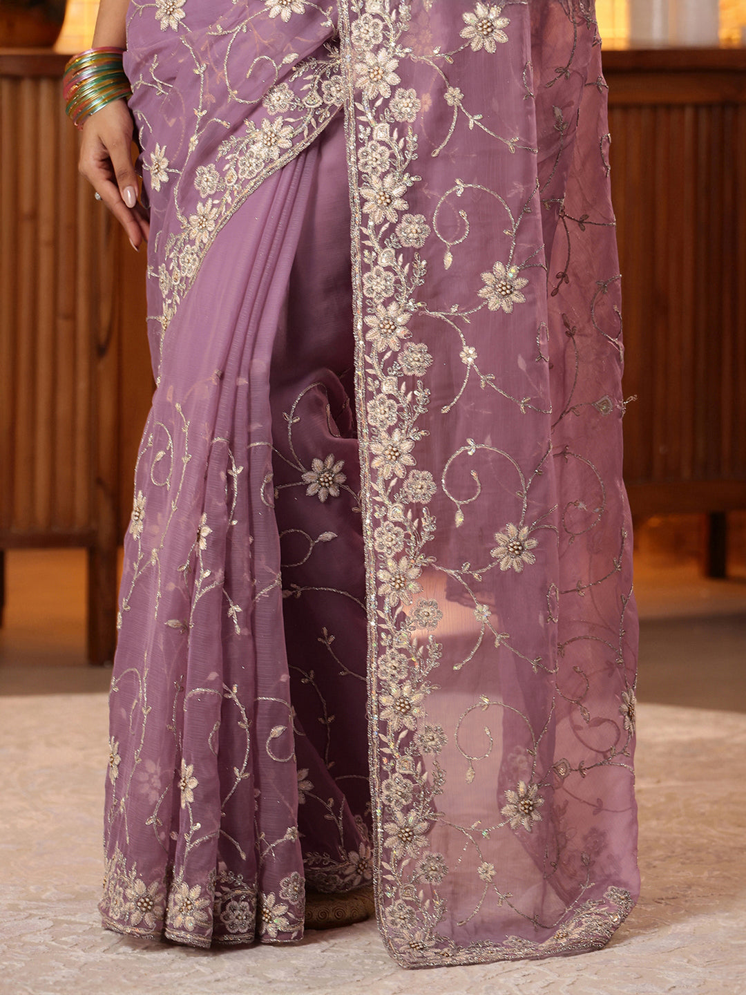  Lavender Floral Embroidered Chiffon Saree 