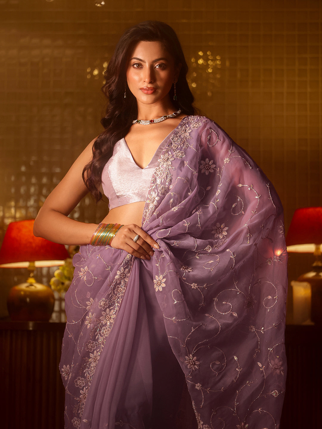 Libas Lavender Floral Embroidered Chiffon Saree