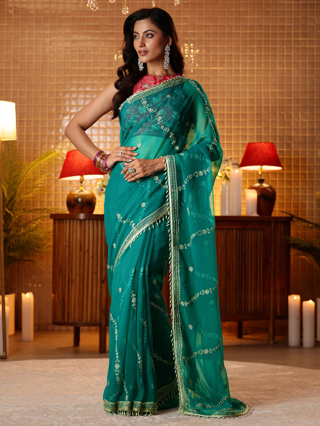  Green Floral Embroidered Chiffon Saree 