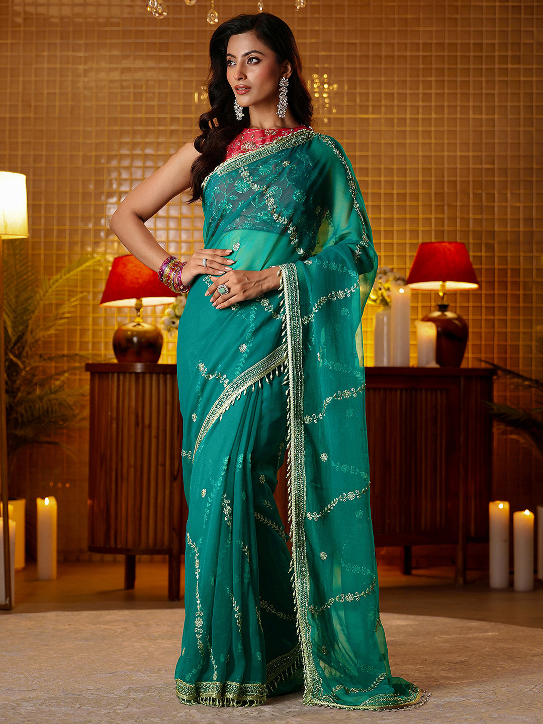  Libas Green Floral Embroidered Chiffon Saree 