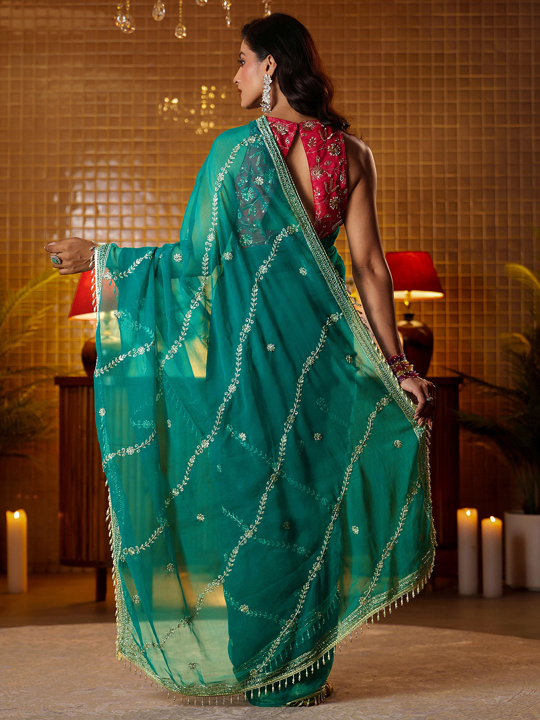  Libas Green Floral Embroidered Chiffon Saree 