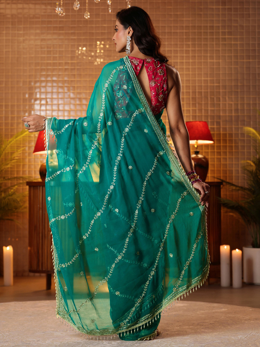  Green Floral Embroidered Chiffon Saree 