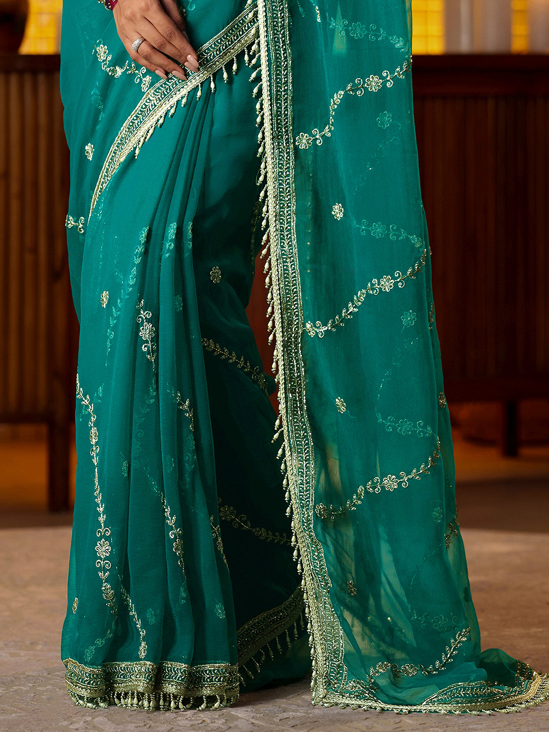  Libas Green Floral Embroidered Chiffon Saree 