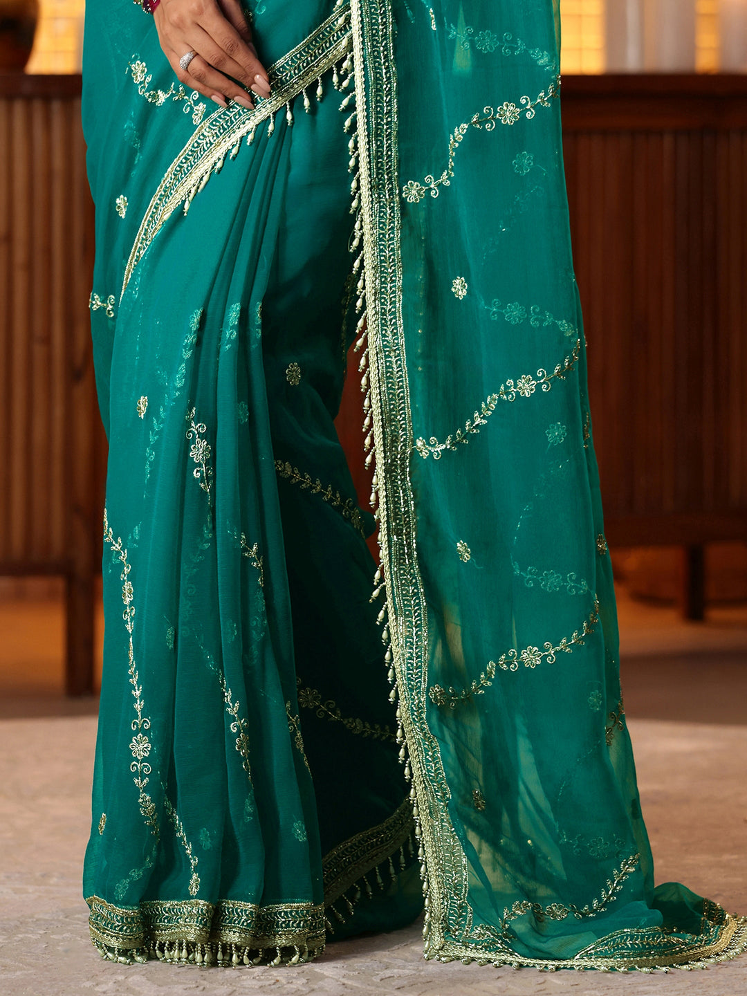  Green Floral Embroidered Chiffon Saree 