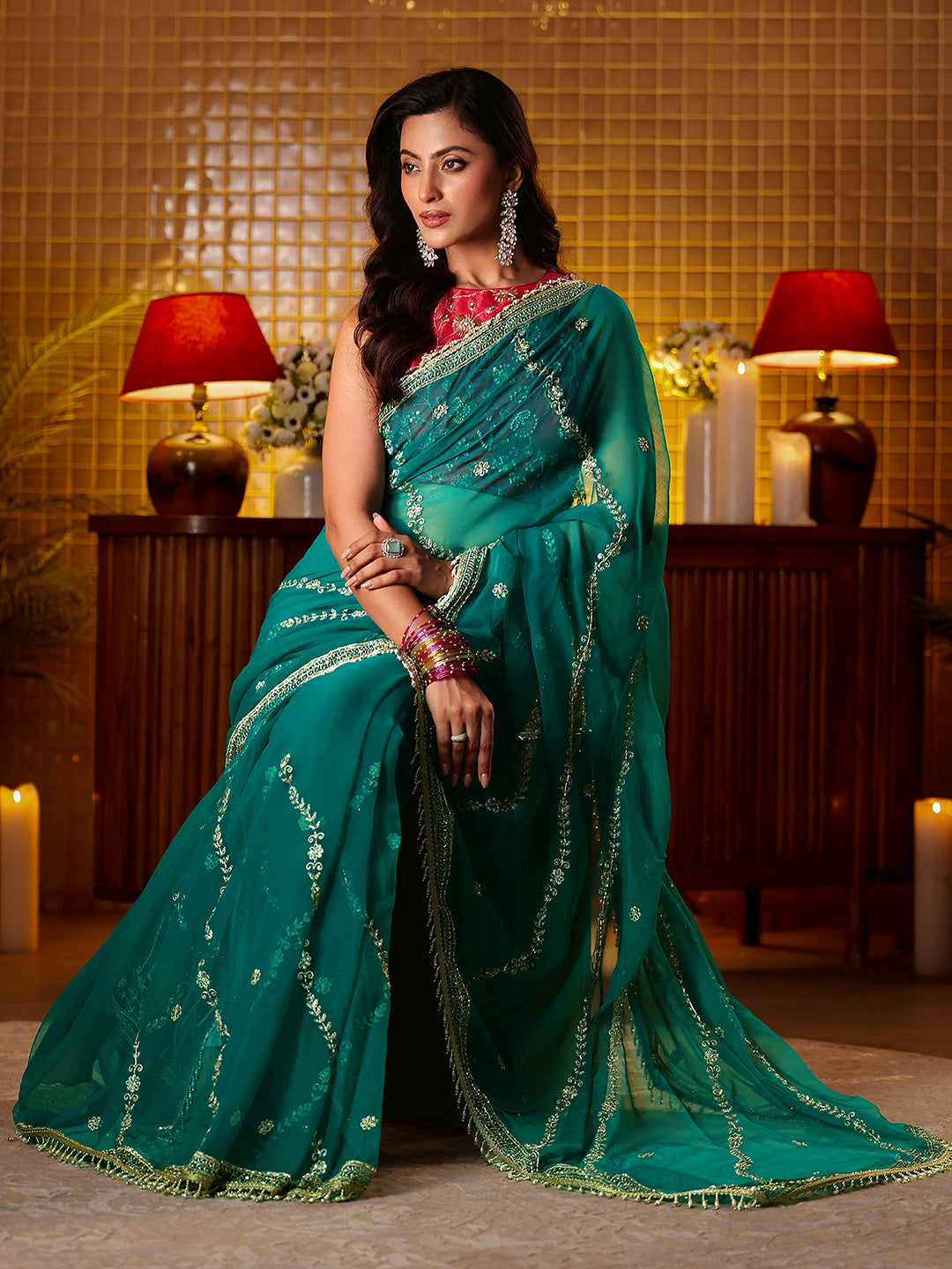  Libas Green Floral Embroidered Chiffon Saree 