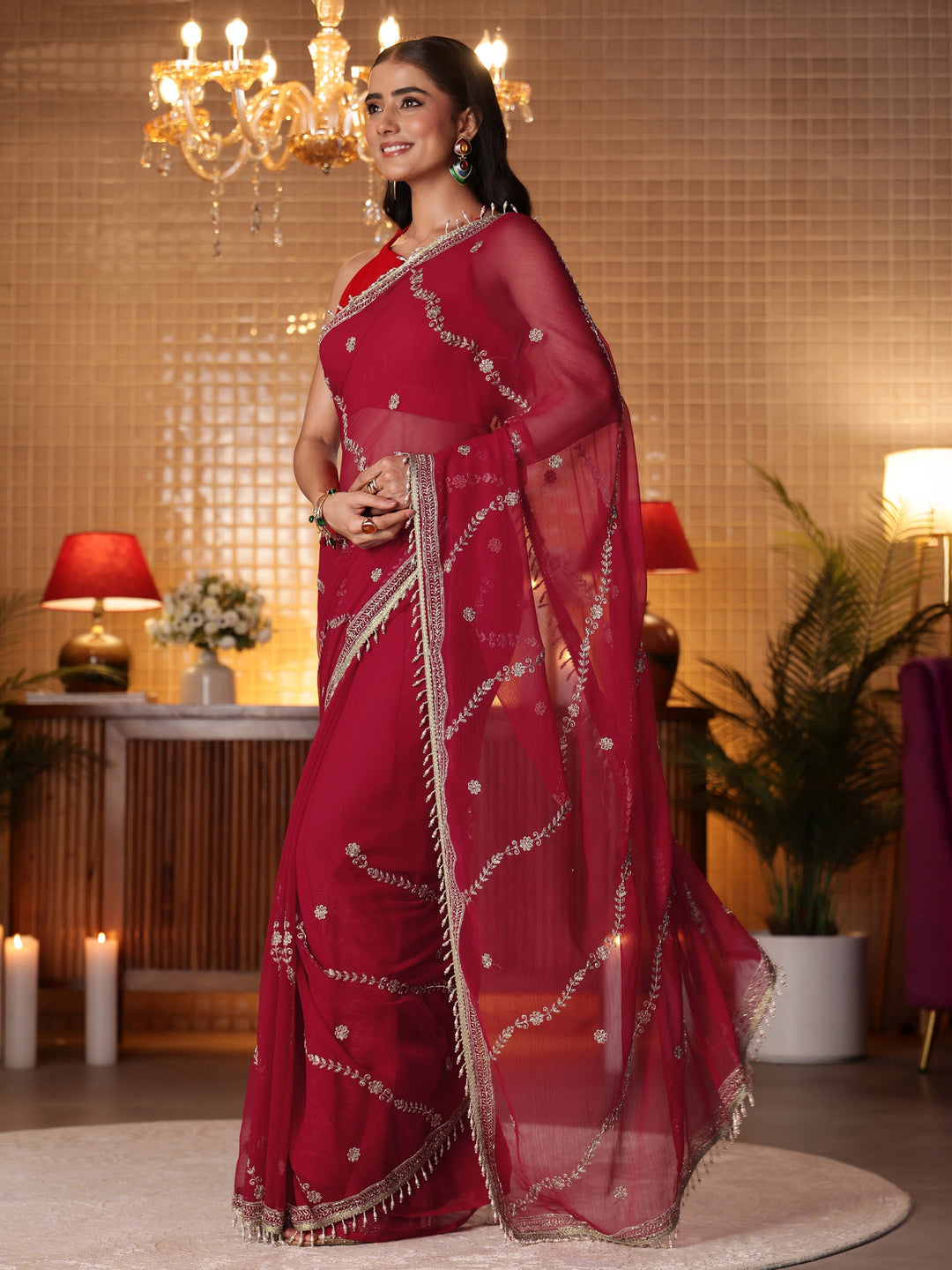  Red Floral Embroidered Chiffon Saree 