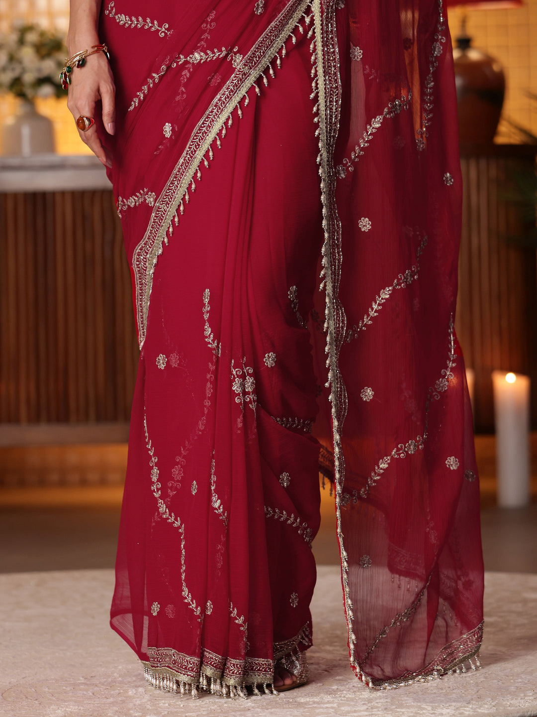  Red Floral Embroidered Chiffon Saree 