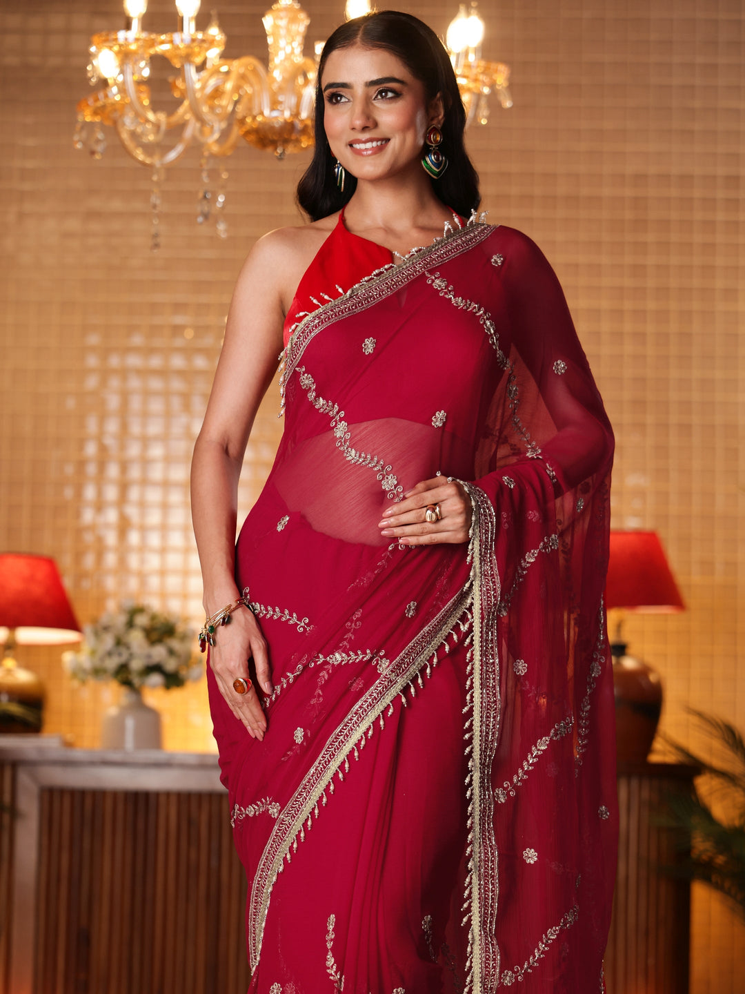  Red Floral Embroidered Chiffon Saree 