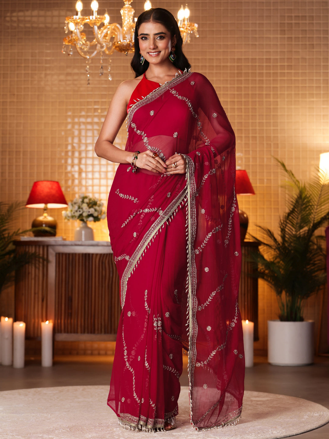  Red Floral Embroidered Chiffon Saree 