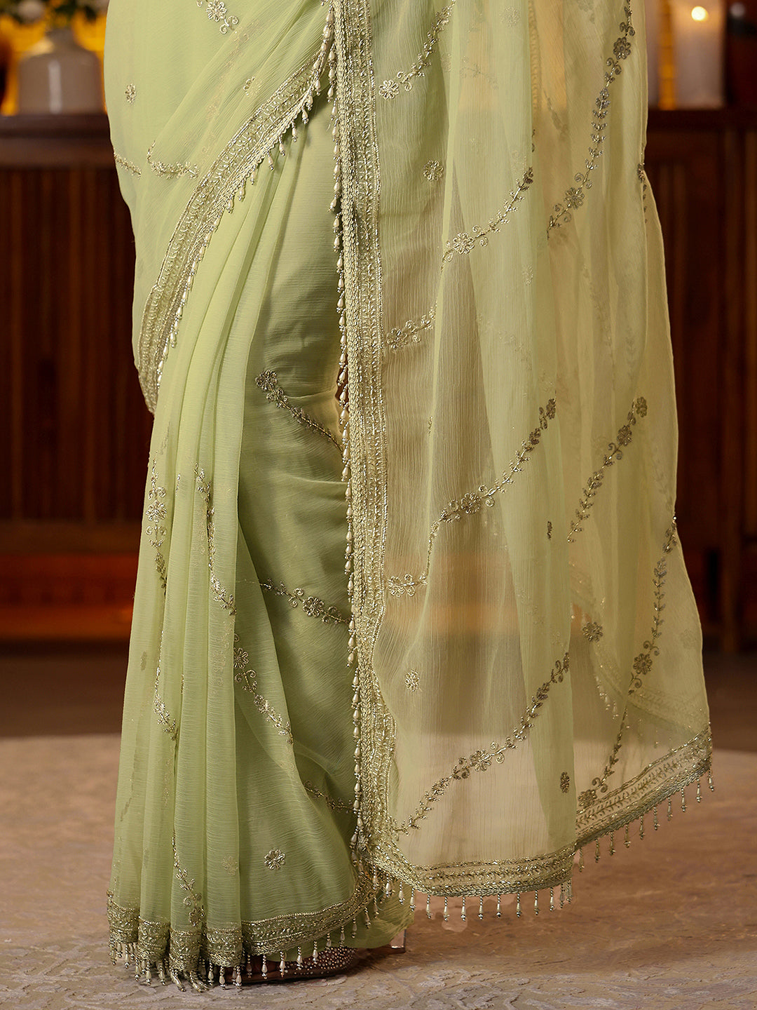  Libas Green Floral Embroidered Chiffon Saree 