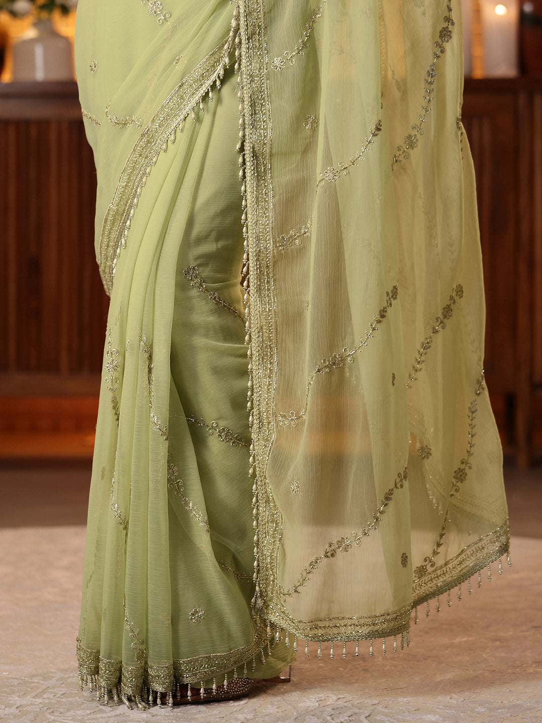  Green Floral Embroidered Chiffon Saree 