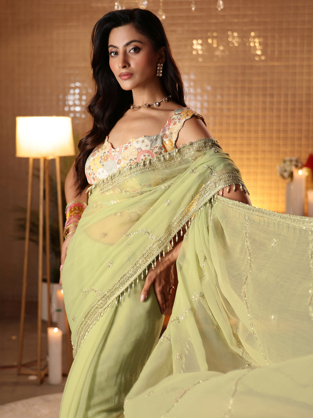  Green Floral Embroidered Chiffon Saree 