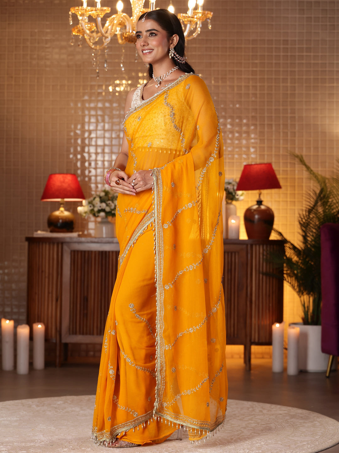 Orange Floral Embroidered Chiffon Saree 