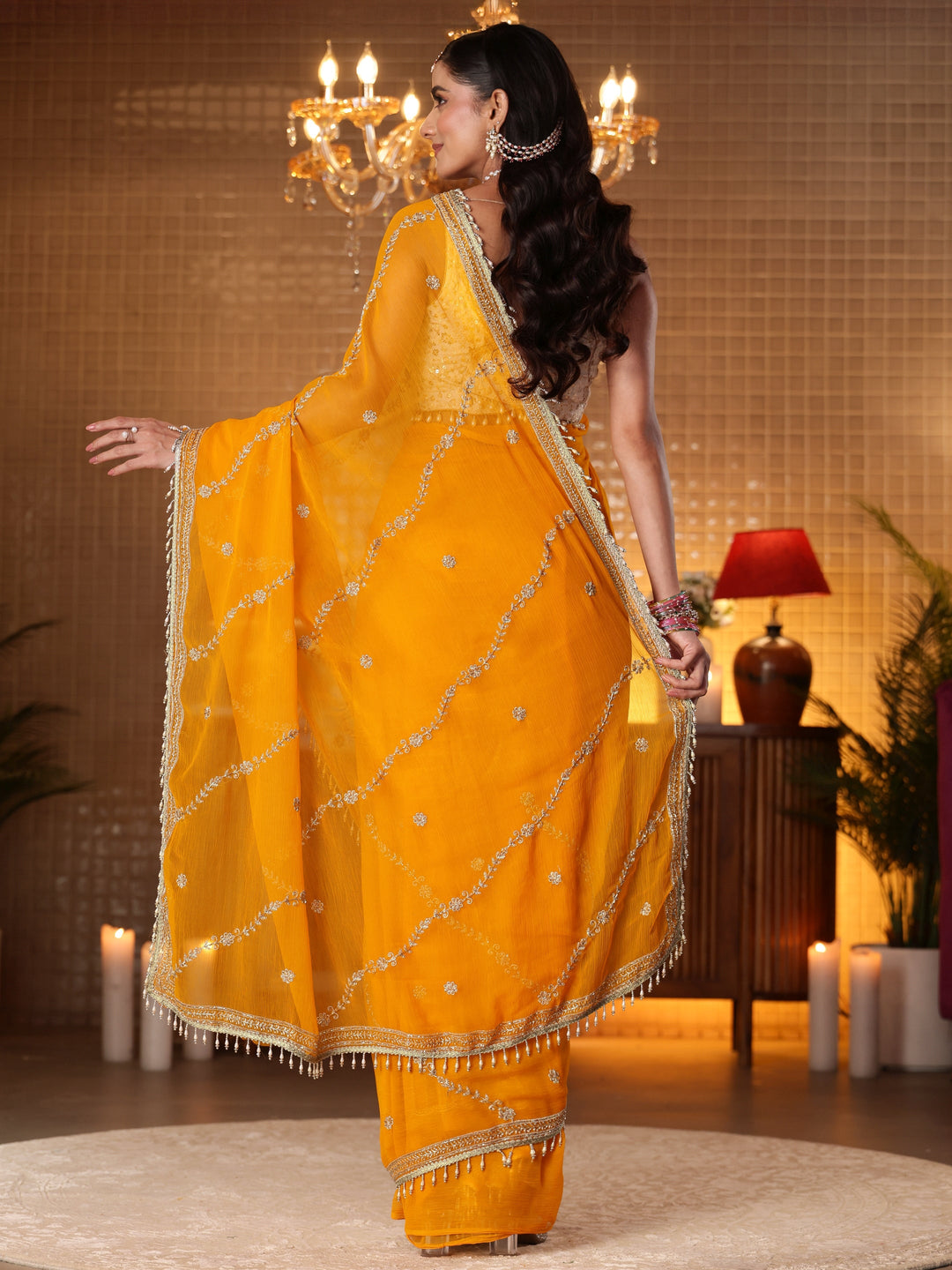  Orange Floral Embroidered Chiffon Saree 