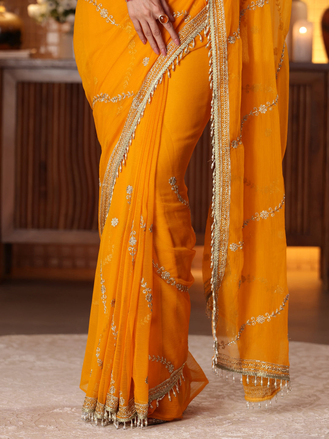  Orange Floral Embroidered Chiffon Saree 