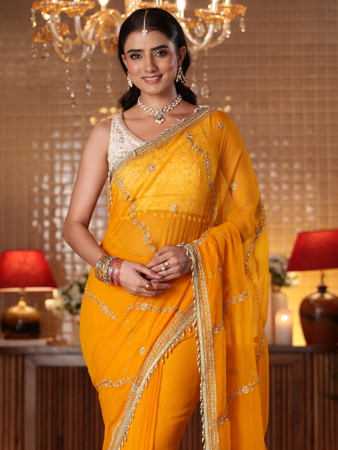  Orange Floral Embroidered Chiffon Saree 