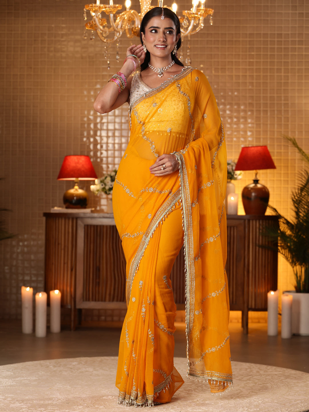  Orange Floral Embroidered Chiffon Saree 