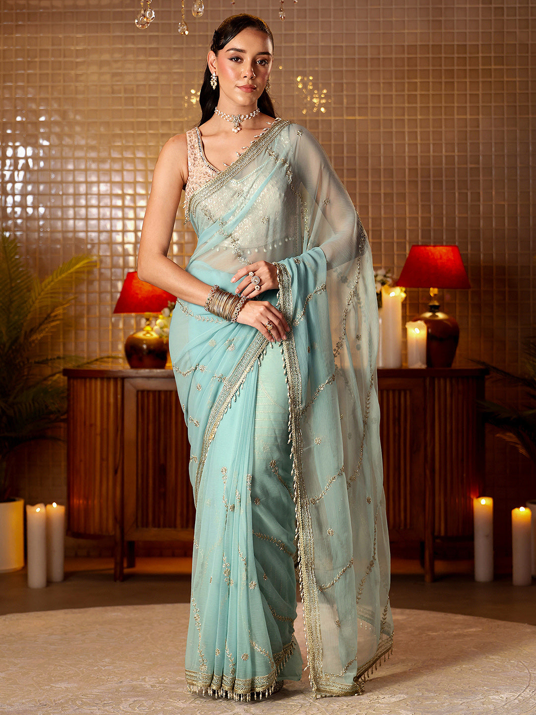  Libas Blue Floral Embroidered Chiffon Saree 