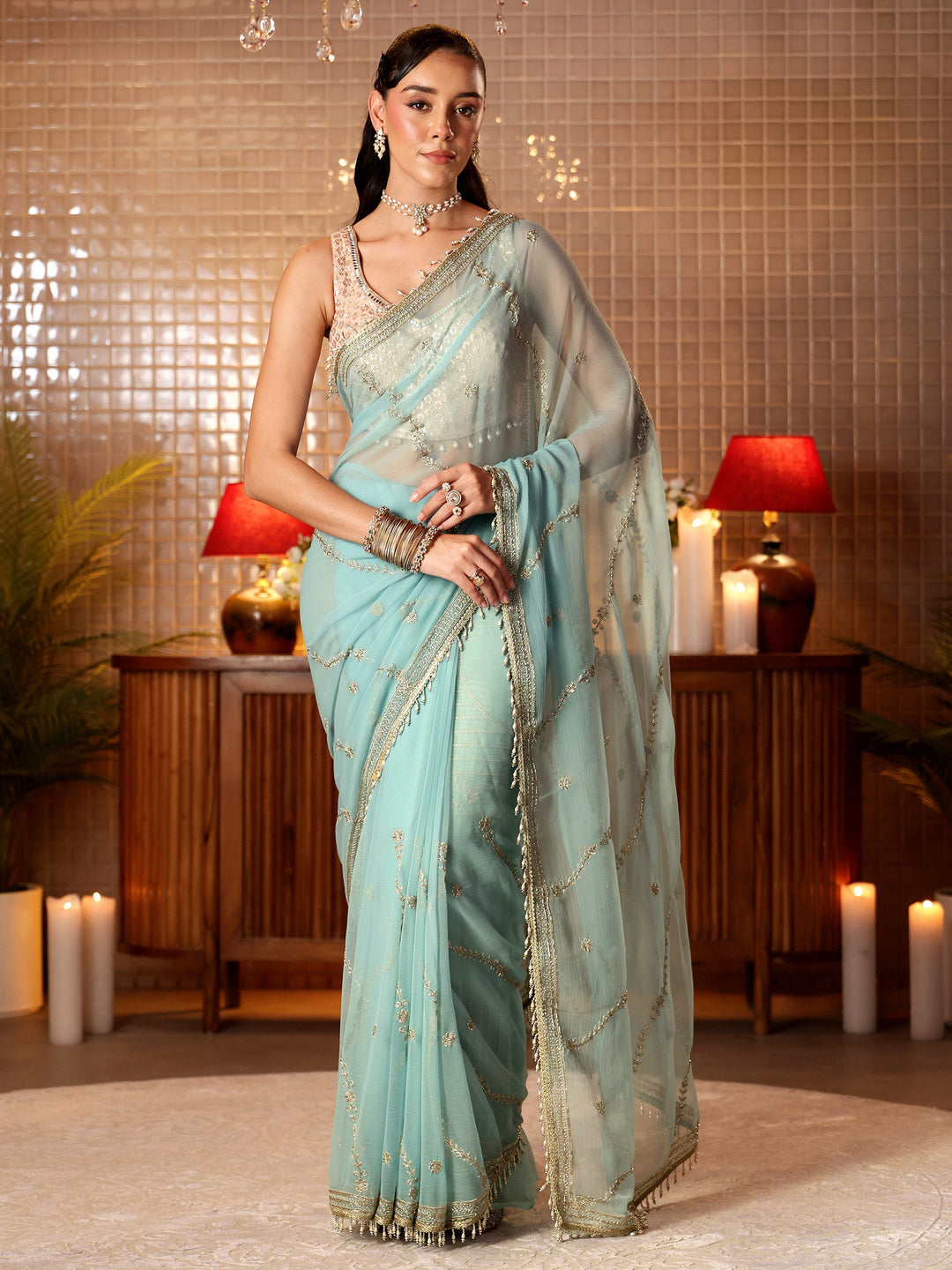  Blue Floral Embroidered Chiffon Saree 