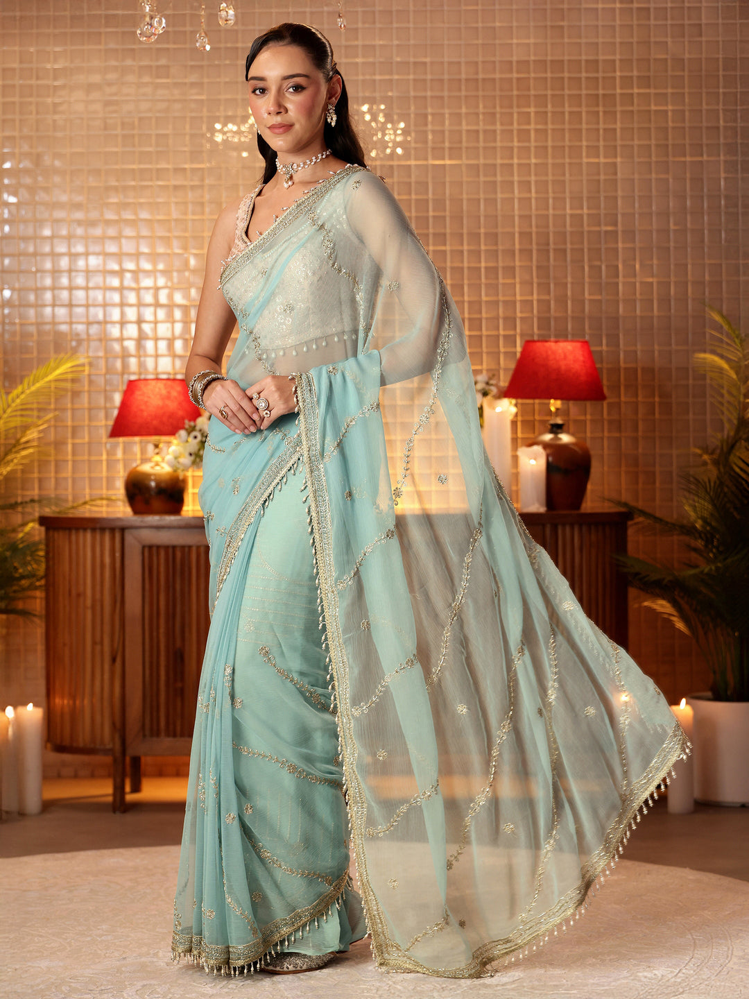  Blue Floral Embroidered Chiffon Saree 