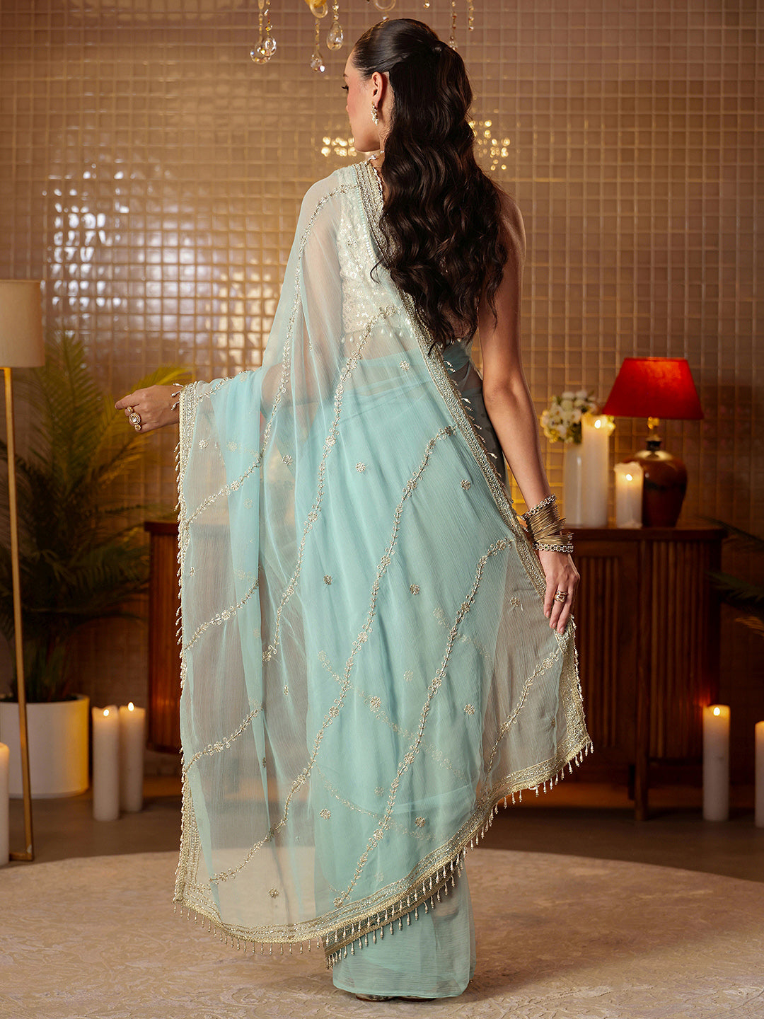  Libas Blue Floral Embroidered Chiffon Saree 