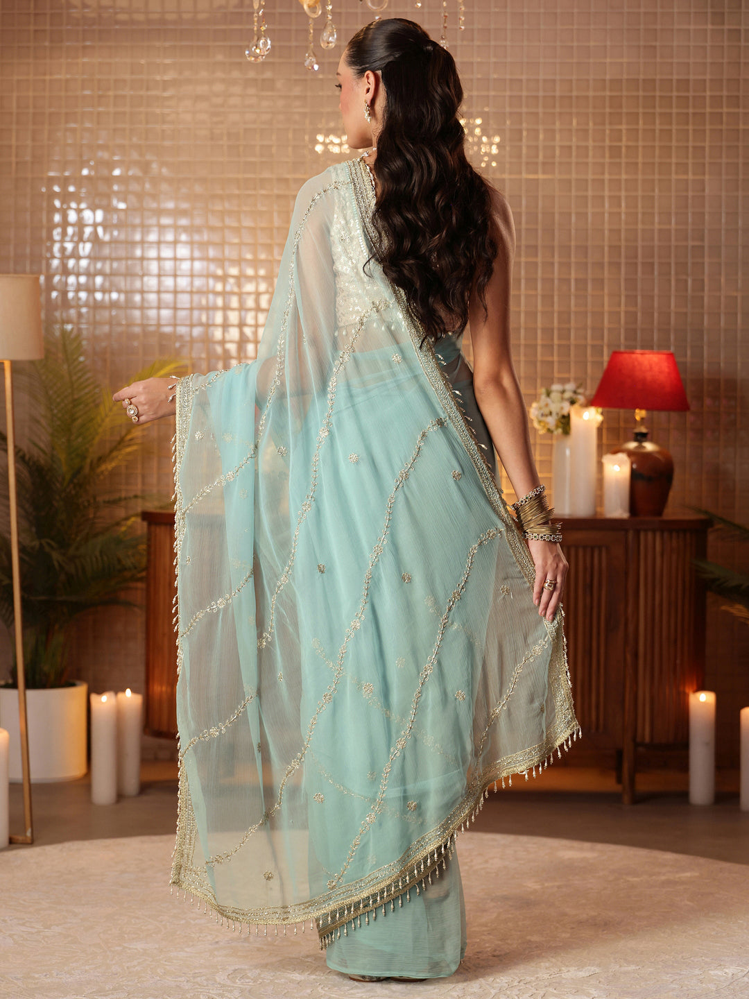  Blue Floral Embroidered Chiffon Saree 